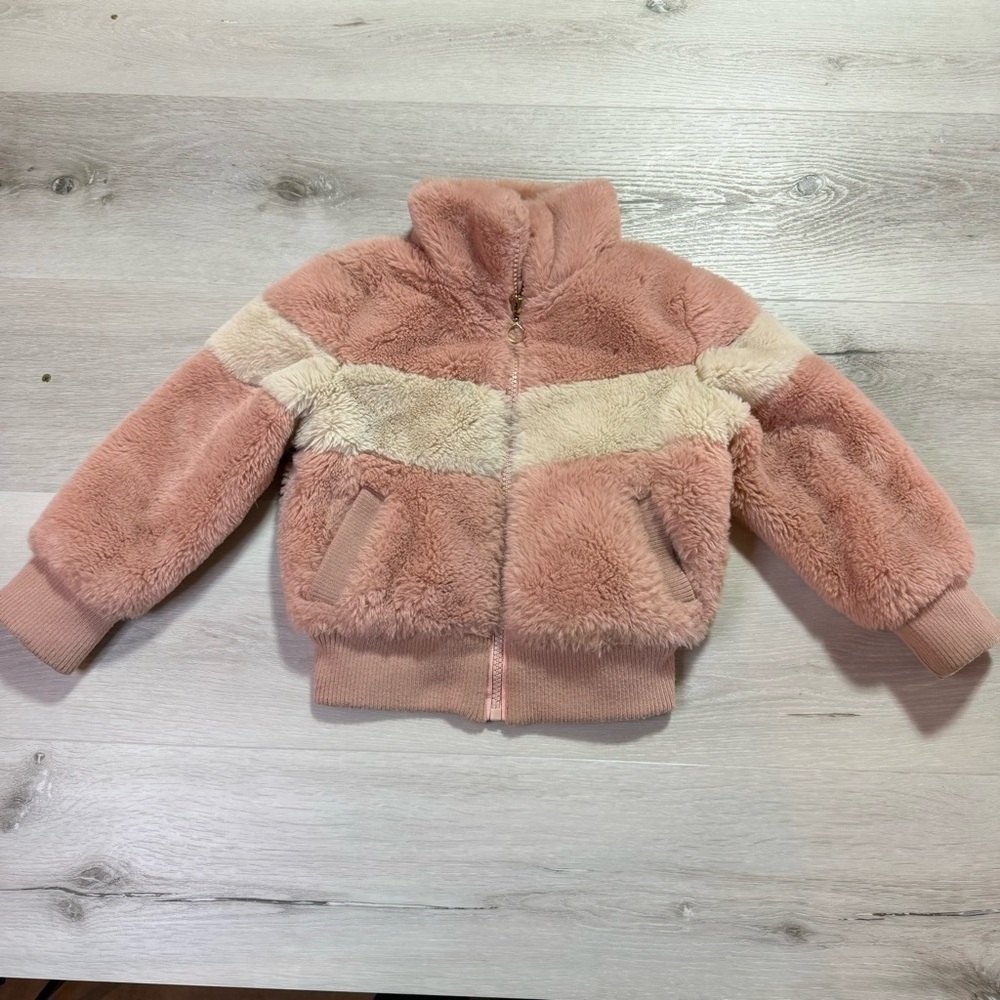 Urban Republic Girls Collection Pink and White Fuzzy Teddy Bomber Jacket, 3T